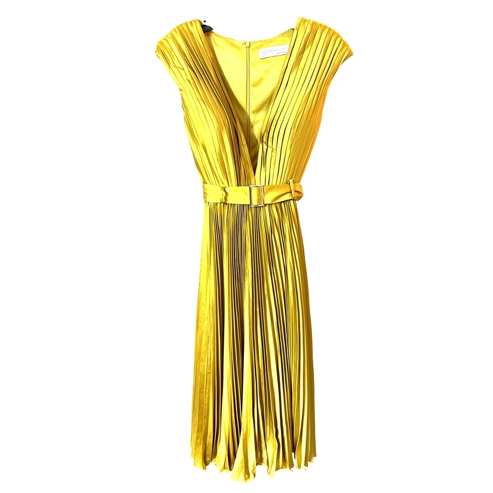 Mac Duggal Pleated‎ Satin V Neck Cap Sleeve Belted Midi Dress Citron Size 6 - Picture 3 of 14